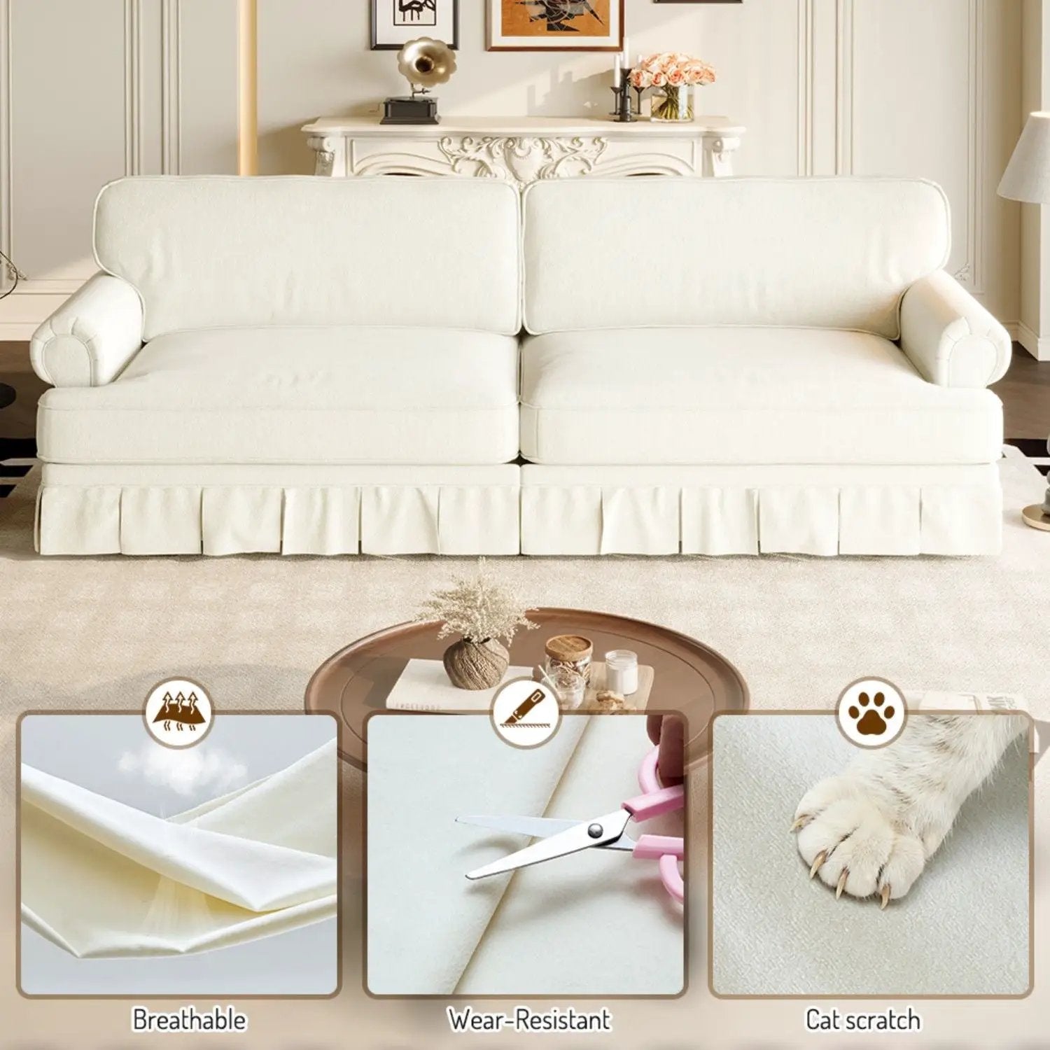 Luxuriously Comfortable Cloud Couch With Elegant Rolled Arms & Pleated Skirt Design