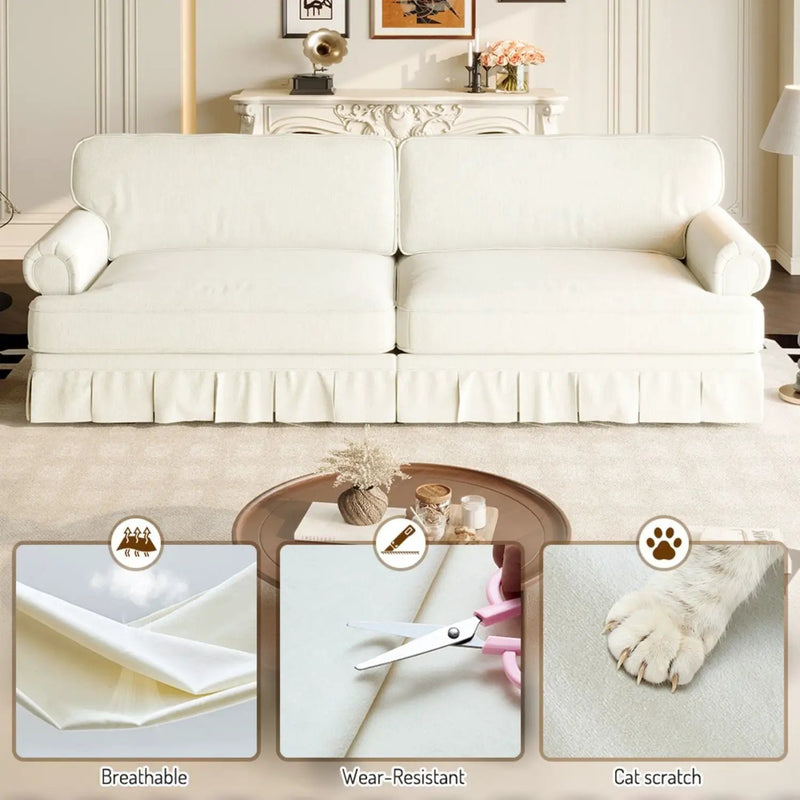 Luxuriously Comfortable Cloud Couch With Elegant Rolled Arms & Pleated Skirt Design