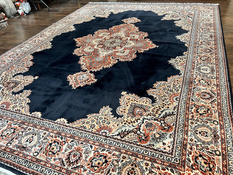 Karastan Rug 10x13, Karastan Ebony Kirman Rug, Room SIzed Wool Pile Vintage Karastan Carpet, Belgium Power Loomed Rug, Black Semi Open Field by Jewel Rugs