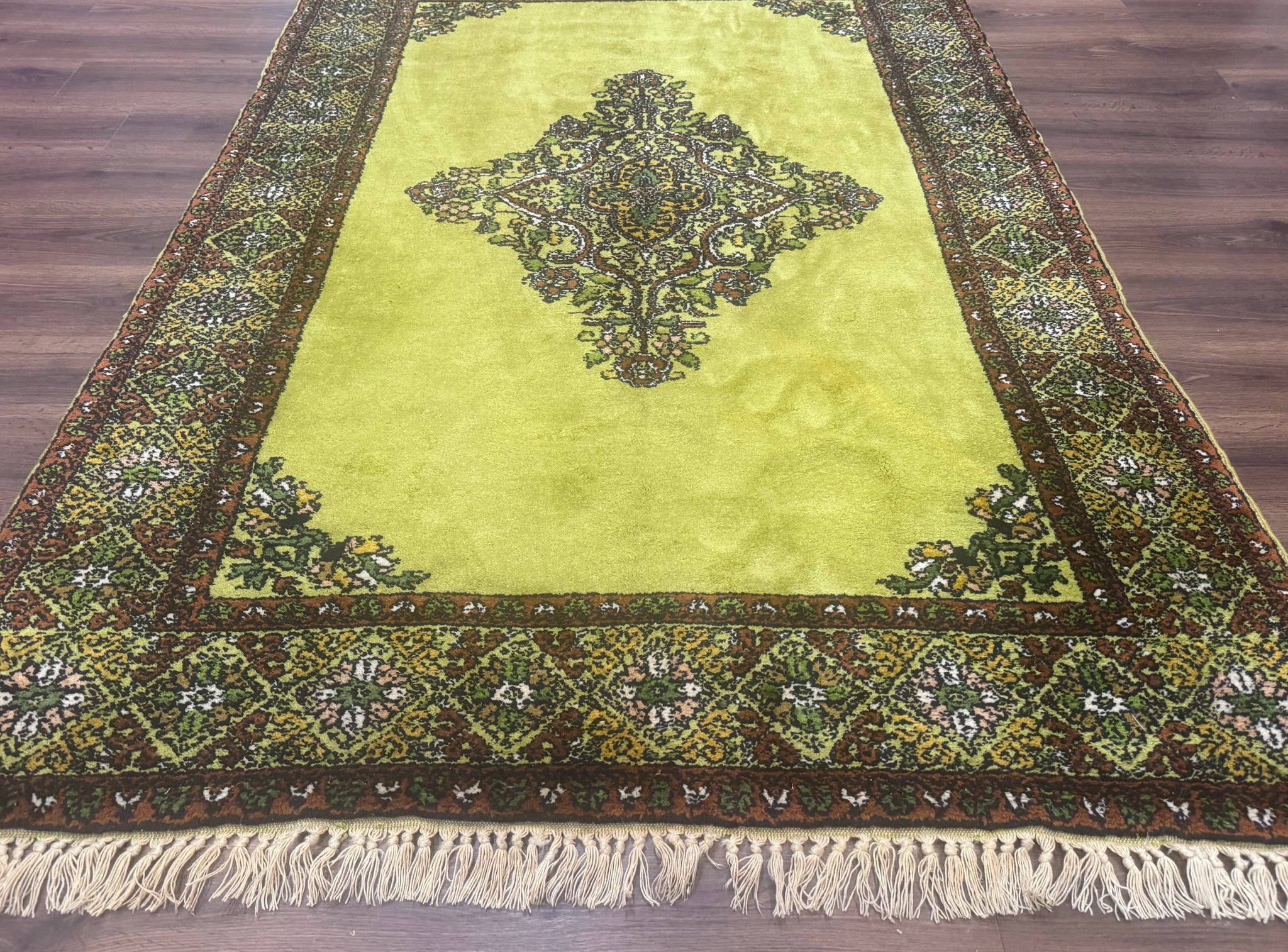 Moroccan Rug 6x8, Semi Open Field, Vintage, Lime Green, Wool Carpet by Jewel Rugs