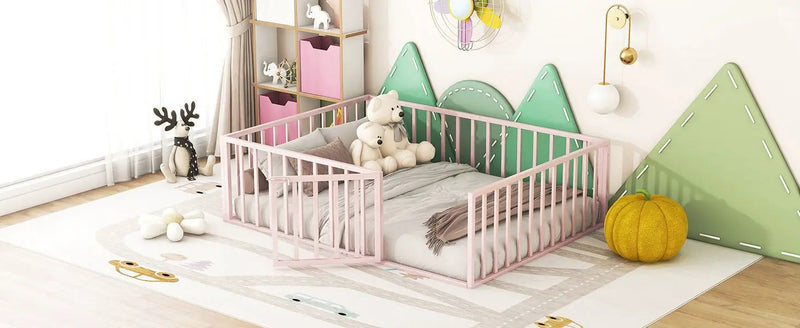 Metal Floor Bed Frame With Fence And Door by HouseOfZazla