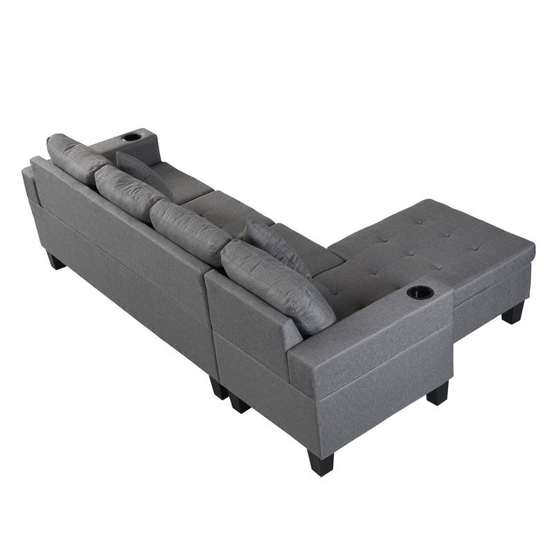Modern Sectional Sofa Set With L Shape Chaise Lounge, Cup Holder, 4 Seat - Gray by HouseOfZazla