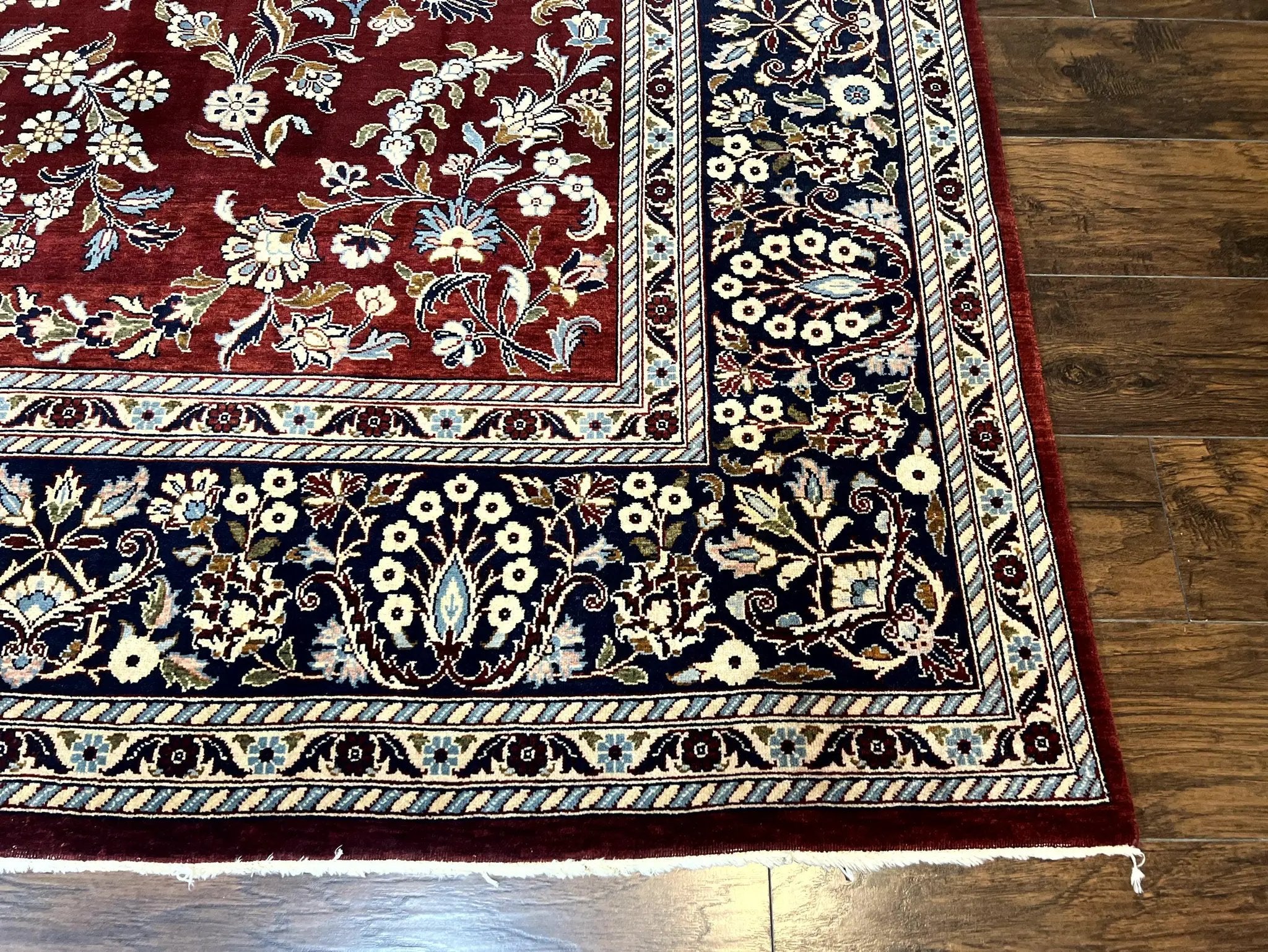 Indo Persian Sarouk Rug 9x12, Floral Allover, Dark Red & Navy Blue, Handmade Vintage Wool Carpet by Jewel Rugs