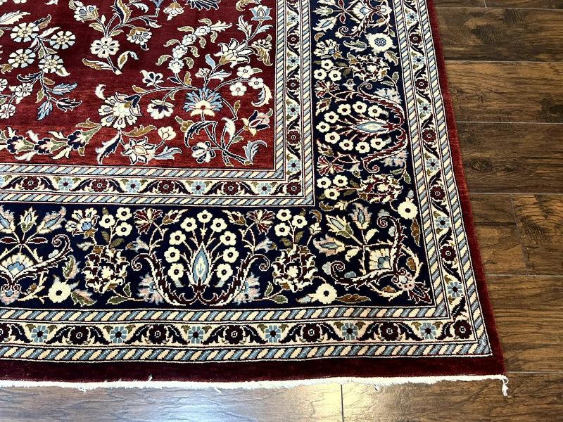 Indo Persian Sarouk Rug 9x12, Floral Allover, Dark Red & Navy Blue, Handmade Vintage Wool Carpet by Jewel Rugs