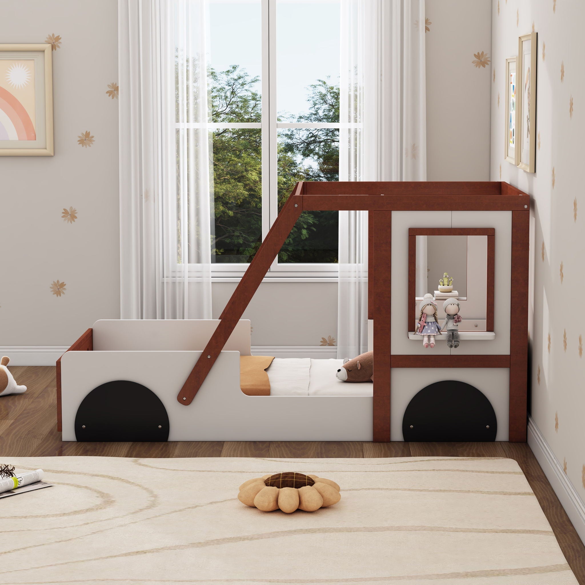 Fun Play Design Twin Size Car Bed, Kids Platform Bed In Car Shaped For Kids Boys Girls Teens - White / Orange by Unique Piece Furniture
