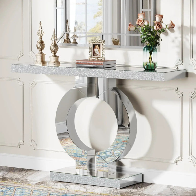 Mirrored Console Table With O-Shaped Base For Living Hallway - Silver / Clear by HouseOfZazla