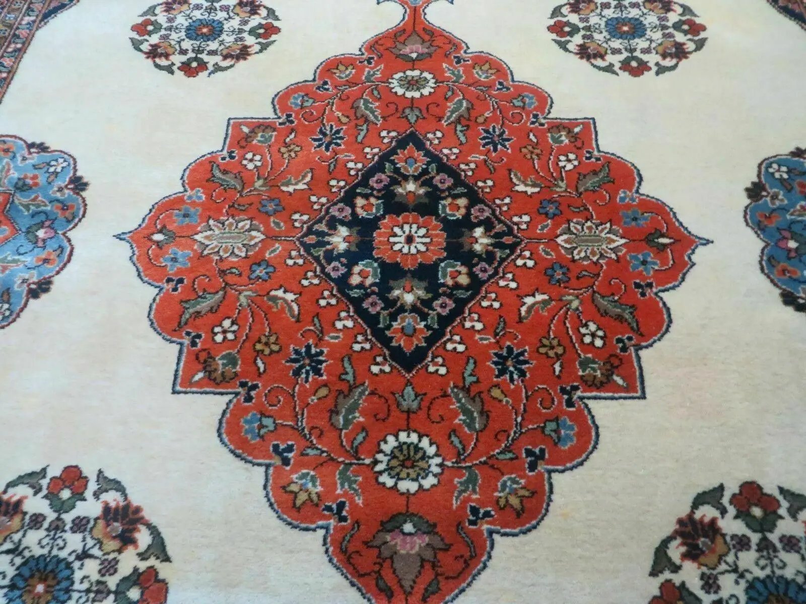 Indo Persian Rug 9x12, Semi Open Field Medallion, Ivory Tomato Red Navy Blue, Hand Knotted Indian Oriental Wool Carpet 9 x 12 ft, Room Sized by Jewel Rugs