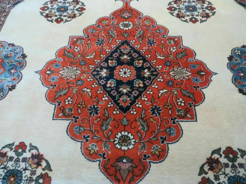 Indo Persian Rug 9x12, Semi Open Field Medallion, Ivory Tomato Red Navy Blue, Hand Knotted Indian Oriental Wool Carpet 9 x 12 ft, Room Sized by Jewel Rugs