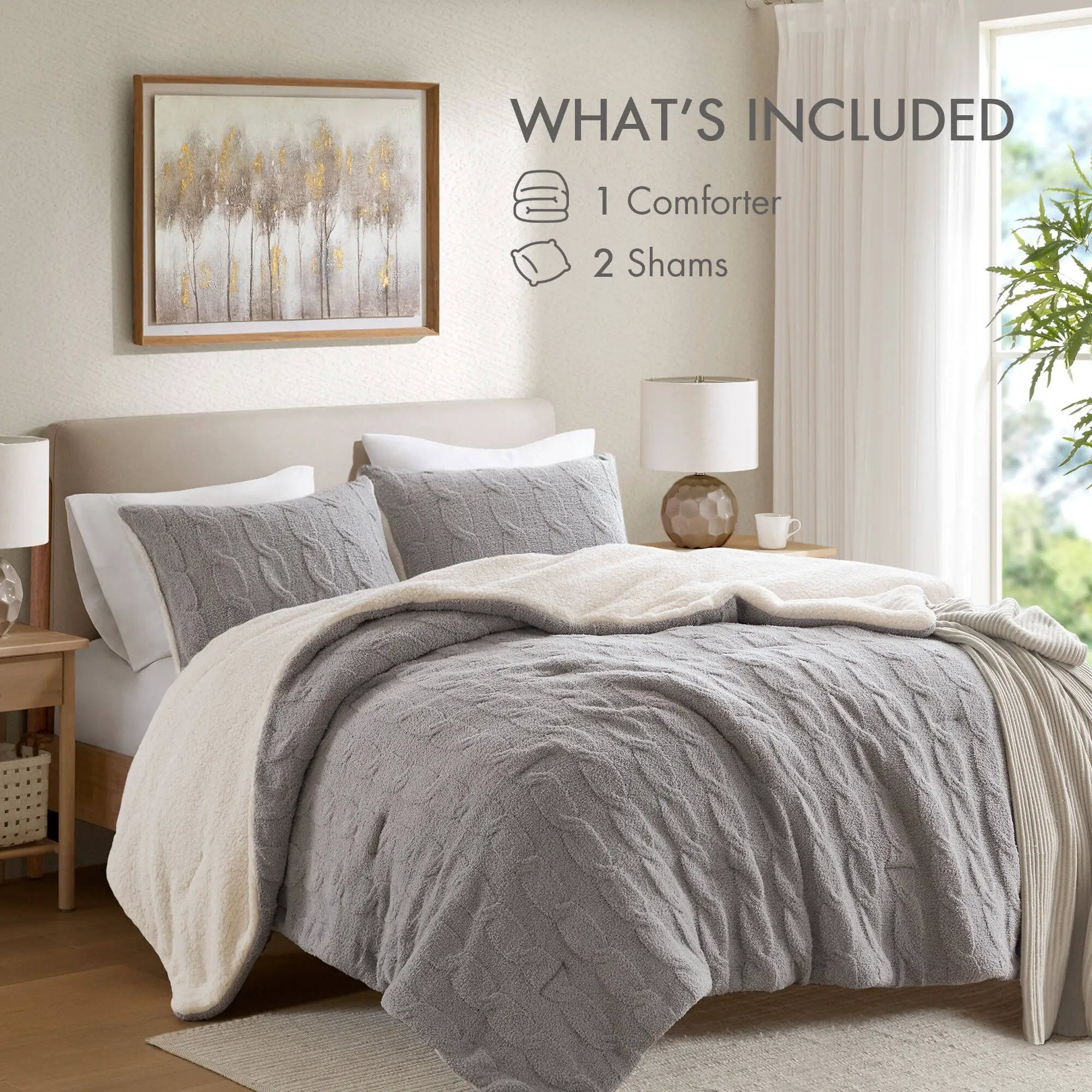 3 Pieces Full/Queen Cable Knit Chenille Comforter Set Gray by HouseOfZazla
