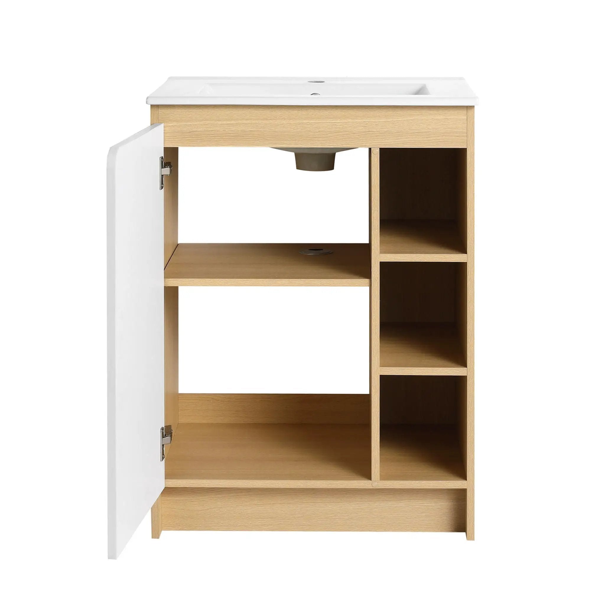 Freestanding Bathroom Vanity With Thin Rim Sink, Single Door With 4 Tier Open Shelves - Light Oak / White by HouseOfZazla