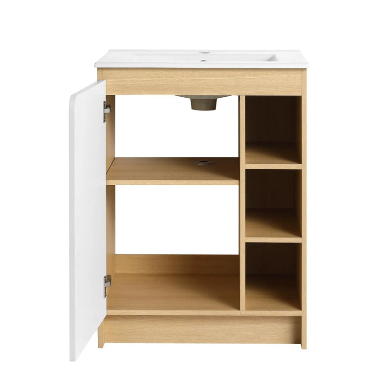 Freestanding Bathroom Vanity With Thin Rim Sink, Single Door With 4 Tier Open Shelves - Light Oak / White by HouseOfZazla