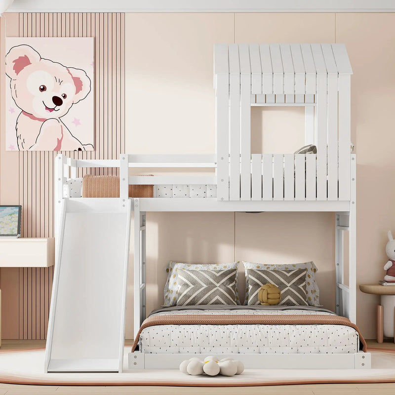 Loft Bunk Bed With Playhouse, Farmhouse, Ladder, Slide And Guardrails by HouseOfZazla