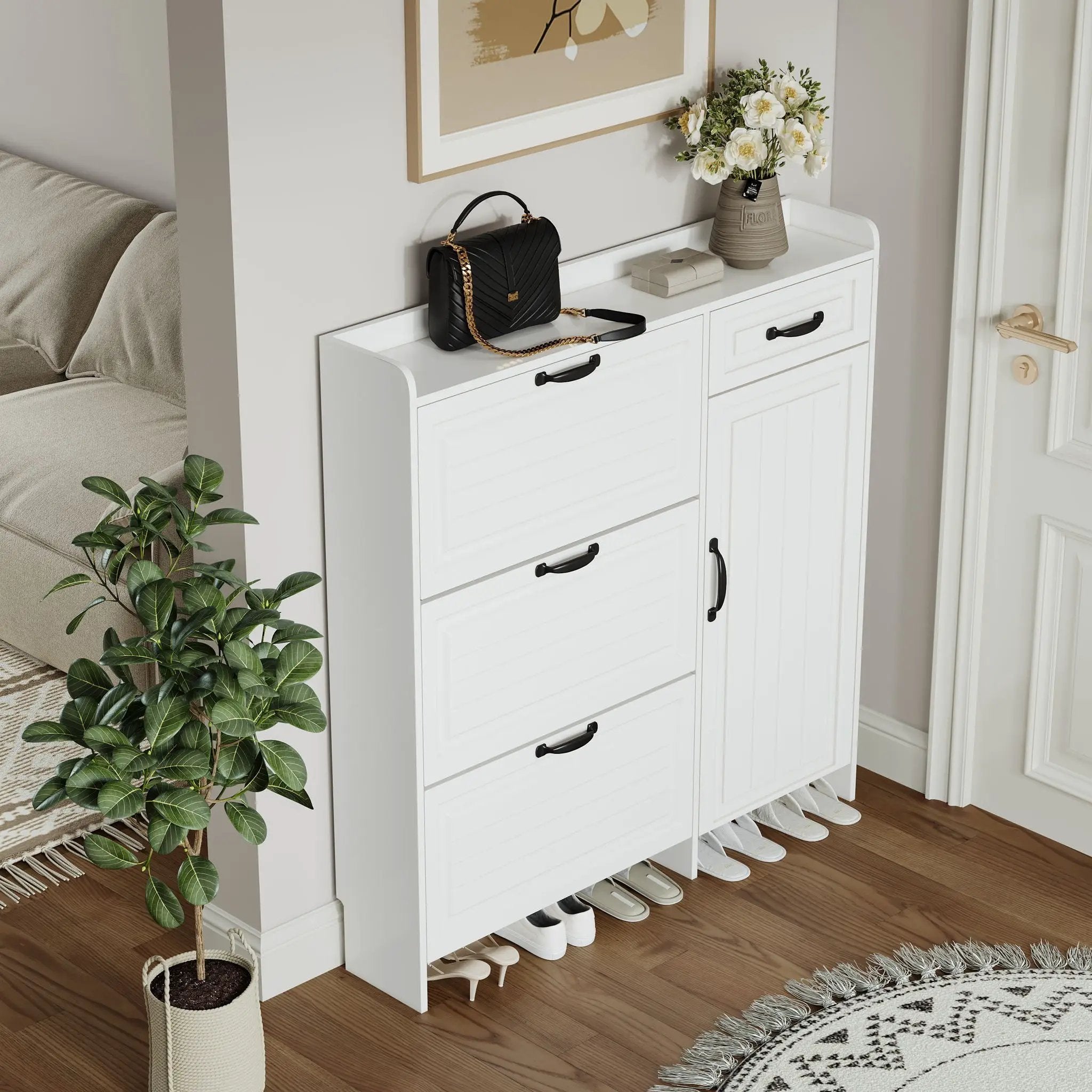 Shoe Cabinet With 4 Doors 1 Drawers, PVC Door With Shape, Large Space For Storage - White by Unique Piece Furniture