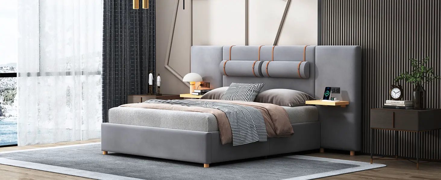 Upholstered Platform Bed, 2 Outlets And USB Charging Ports On Both Sides, 2 Bedside Pillows, Storage Shelves by HouseOfZazla