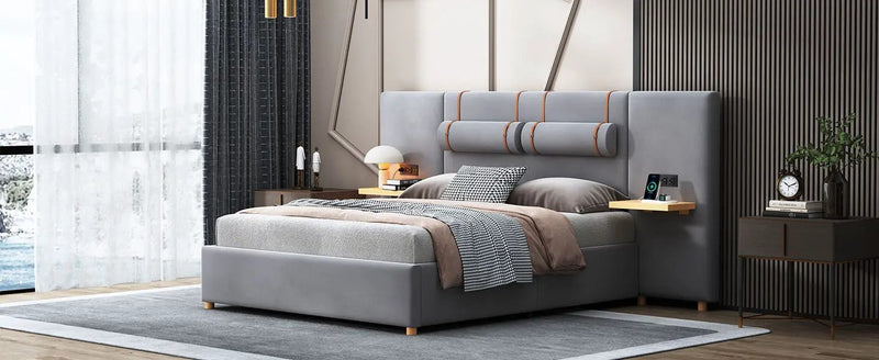 Upholstered Platform Bed, 2 Outlets And USB Charging Ports On Both Sides, 2 Bedside Pillows, Storage Shelves by HouseOfZazla