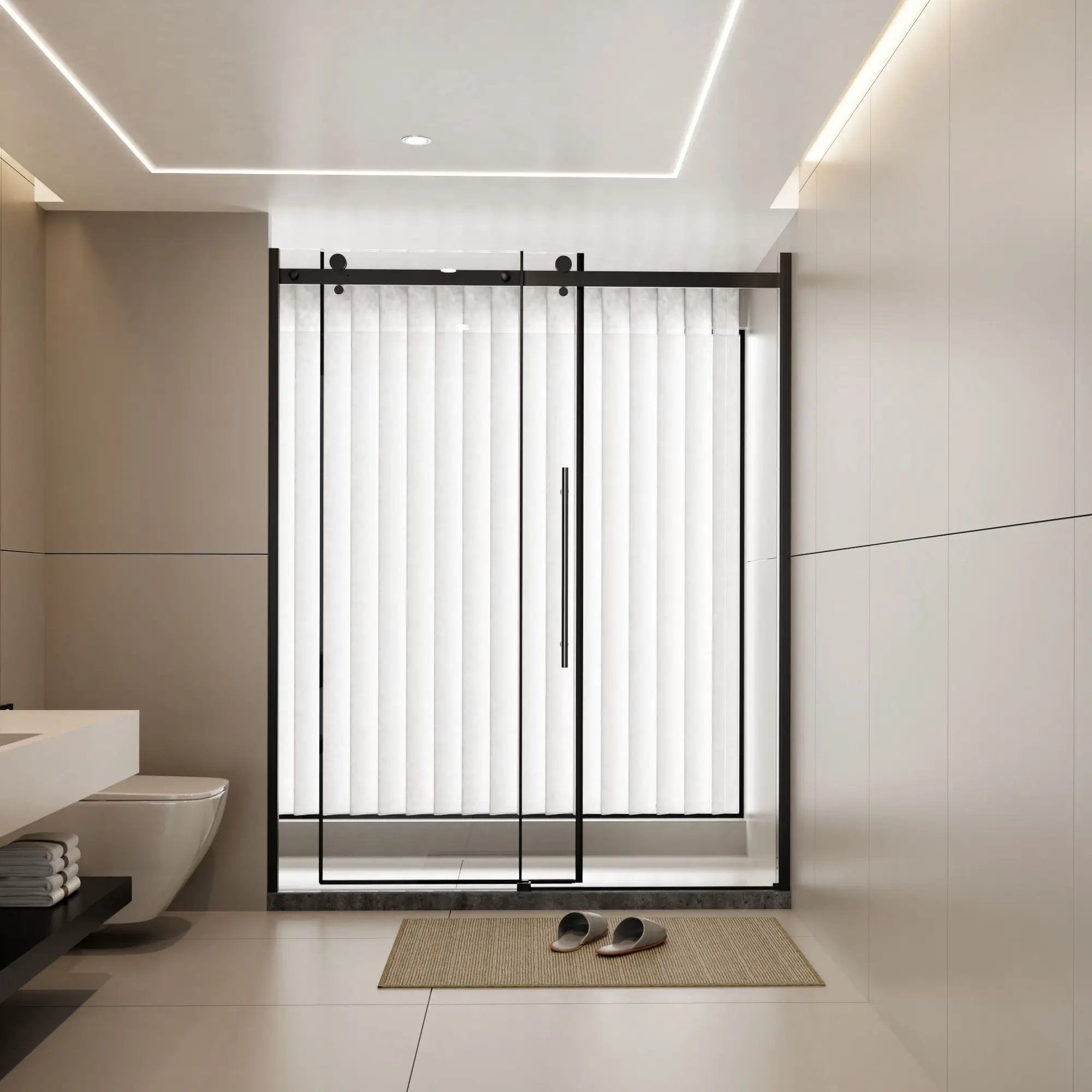 Frameless Shower Door Single Sliding, Clear Tempered Glass Shower Door With Zinc Roller Rail System, Stainless Steel Handle - Black by HouseOfZazla
