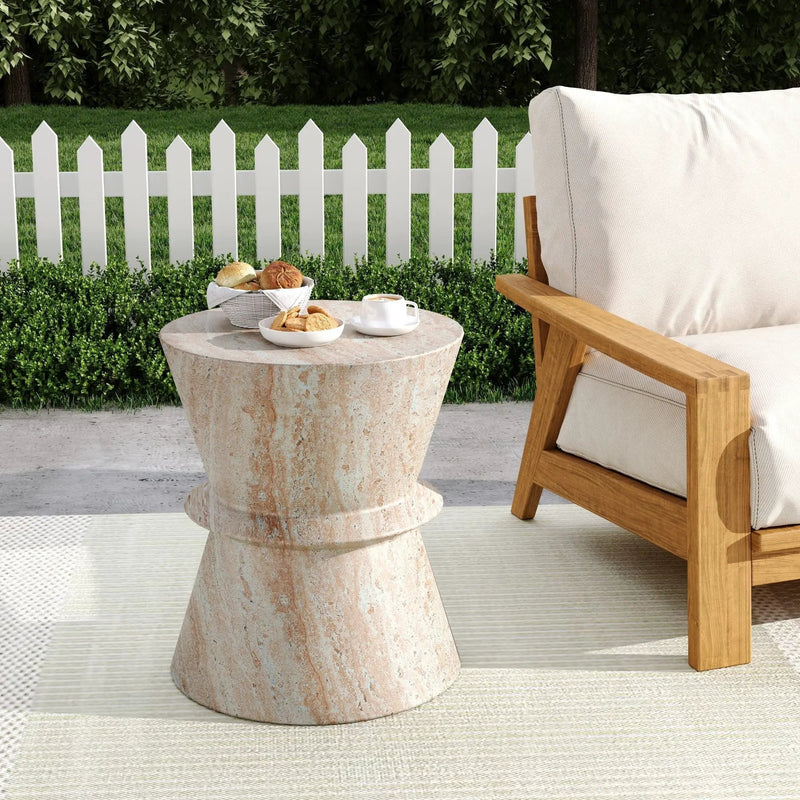 Outdoor / Indoor Lightweight Concrete Side Table with Travertine - Beige by HouseOfZazla