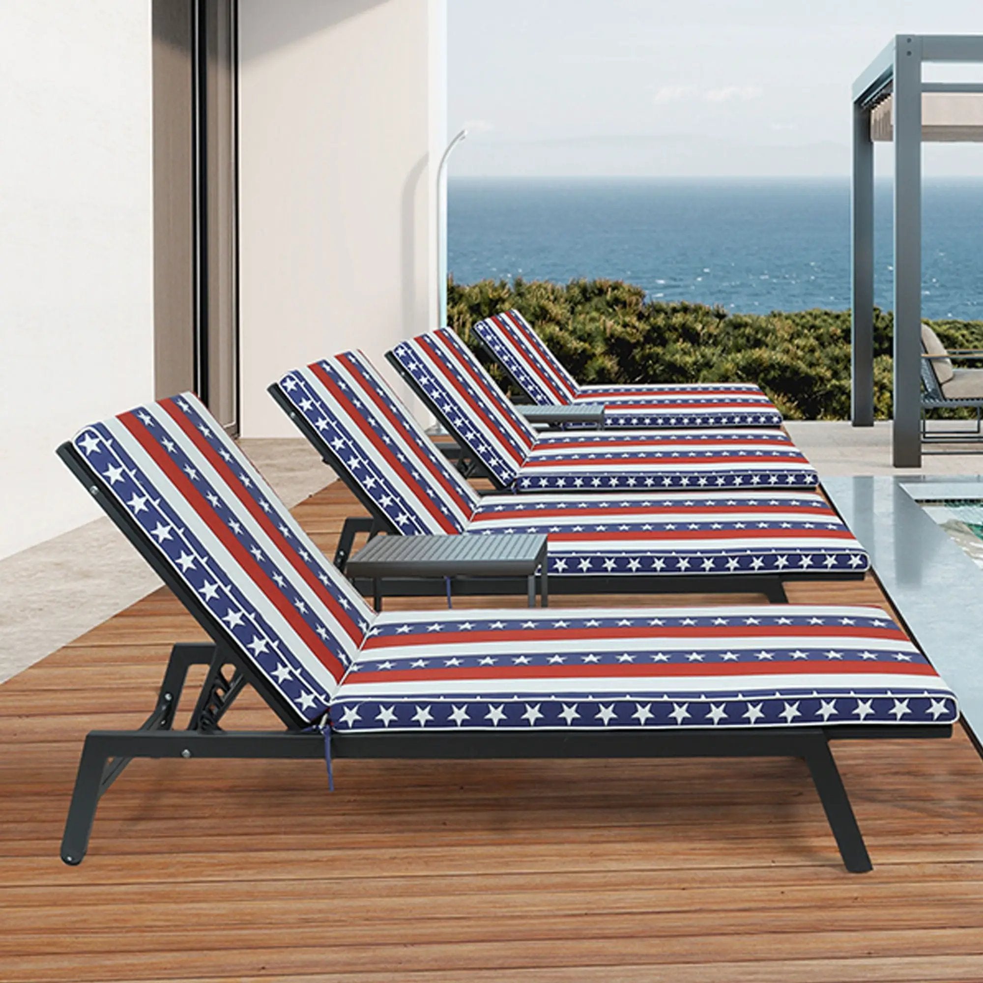2 Piece Outdoor Chaise Lounge Cushion Set, Replacement Cushions For Patio Furniture, Flag - Red Striped by HouseOfZazla