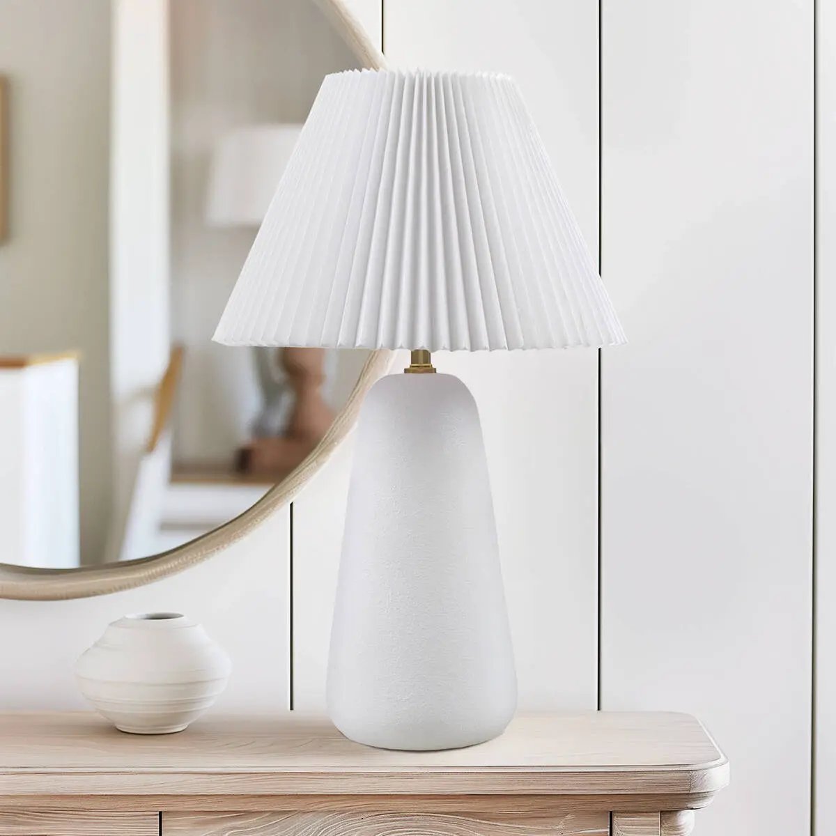 Textured Ceramic Table Lamp with Fluted Fabric Shade - White by HouseOfZazla