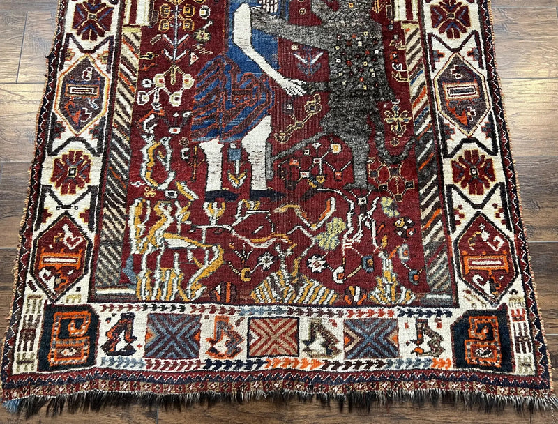 Antique Persian Shiraz Pictorial Rug 3.6 x 5, Persian Tribal Rug, Handmade, Lions, Highly Unique Collectible Small Persian Carpet, Maroon, Wool by Jewel Rugs