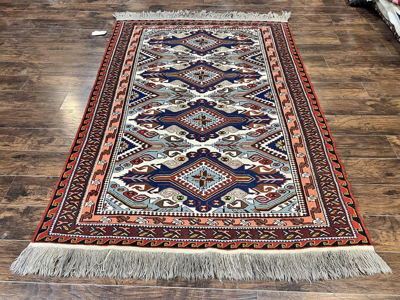 Russian Soumak Rug 6x8, Wool Handmade Antique Kilim Carpet, Multicolor 6 x 8 Geometric Medallions Caucasian Rug, Medium Size by Jewel Rugs