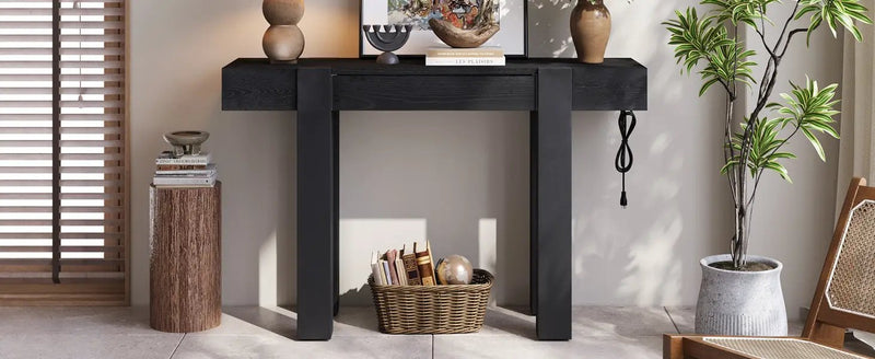 TREXM Rustic Minimalist Console Table with Hidden Drawer, Side Power Outlet by HouseOfZazla