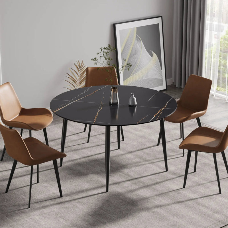 Modern Artificial Stone Round Dining Table With Metal Legs, Can Accommodate 6 People - Black by HouseOfZazla