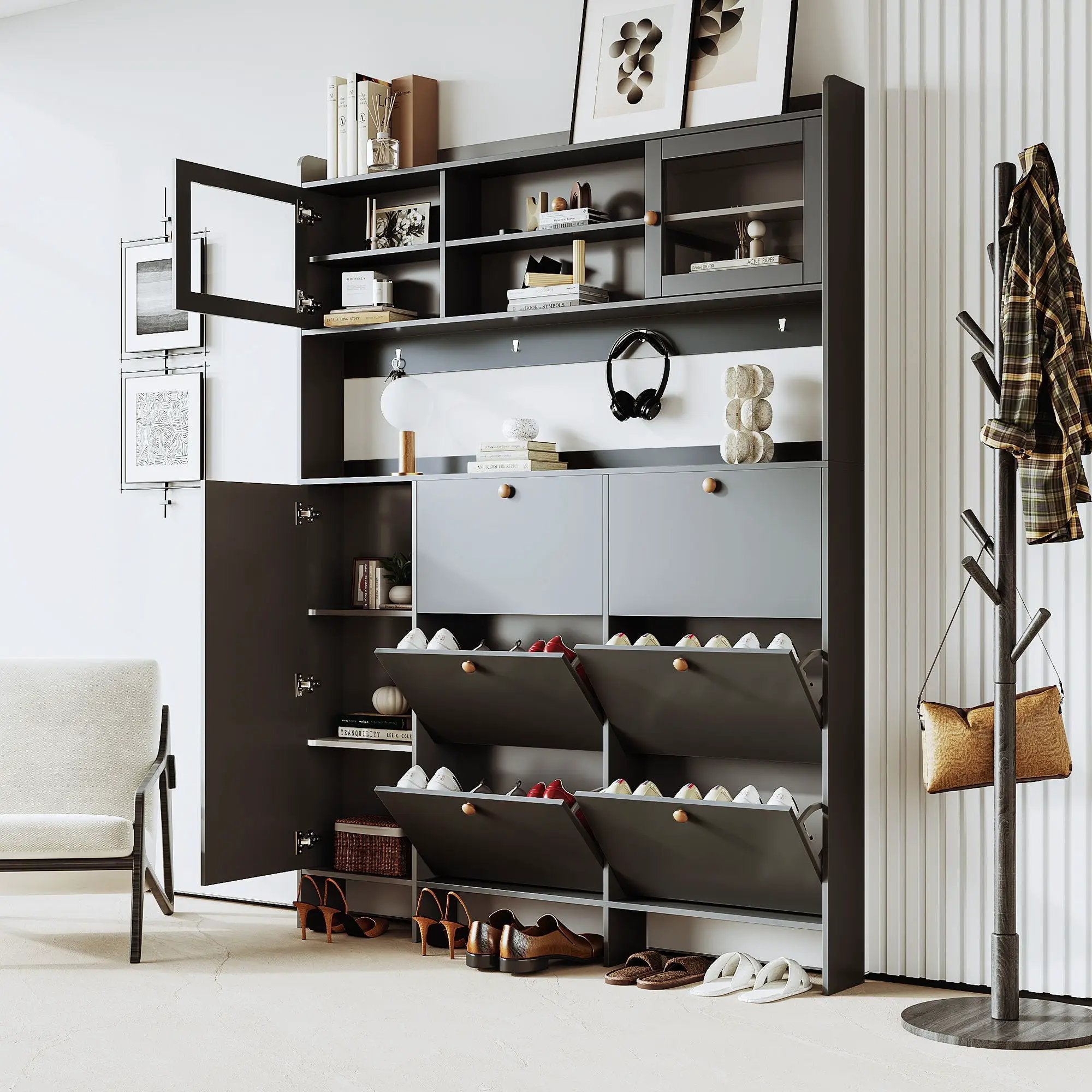 On Trend Multifunctional Tipping Bucket Shoe Cabinet With Storage Shelf & 6 Flip Drawers by Unique Piece Furniture