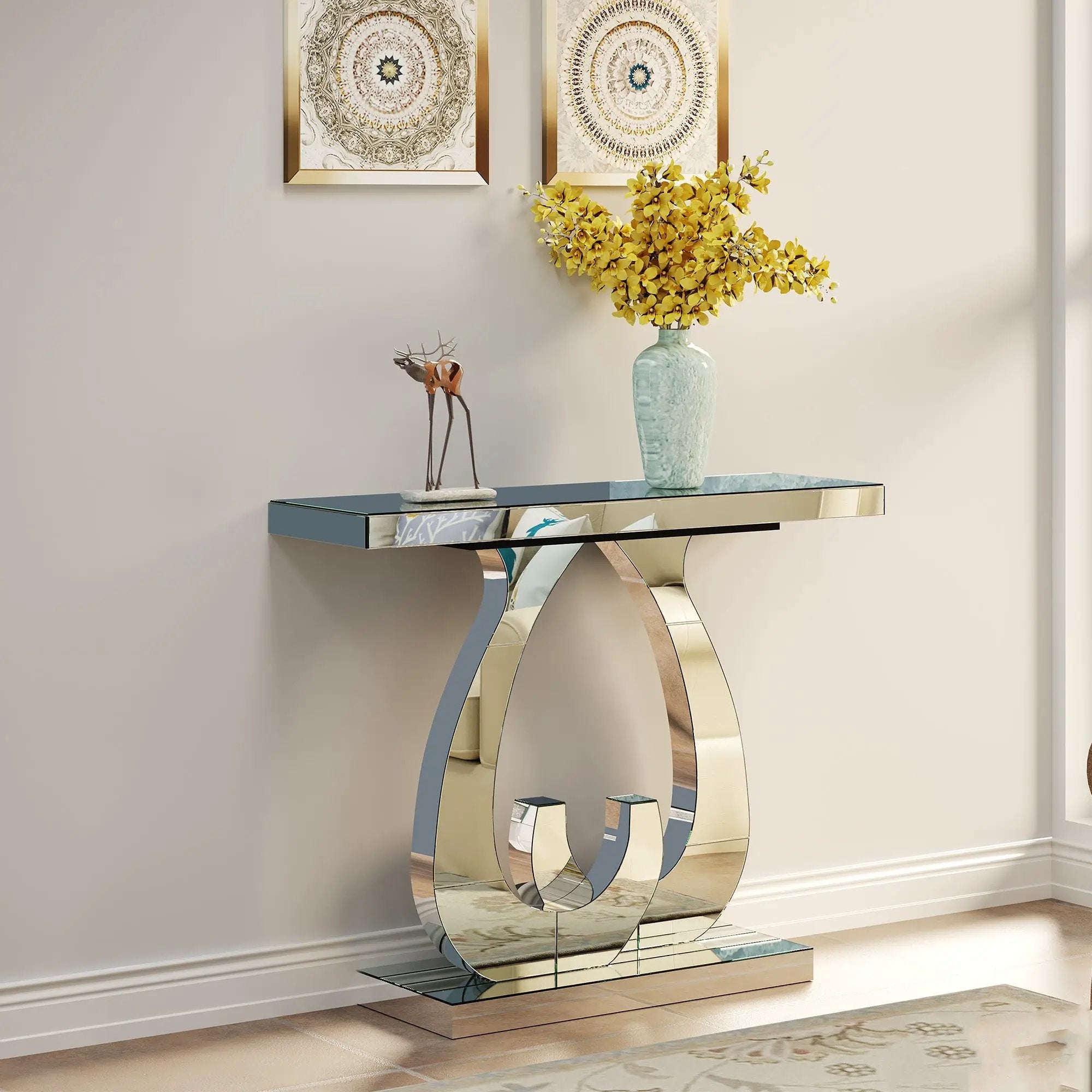 Modern Mirror Side Table with Double C-Shape Base by HouseOfZazla