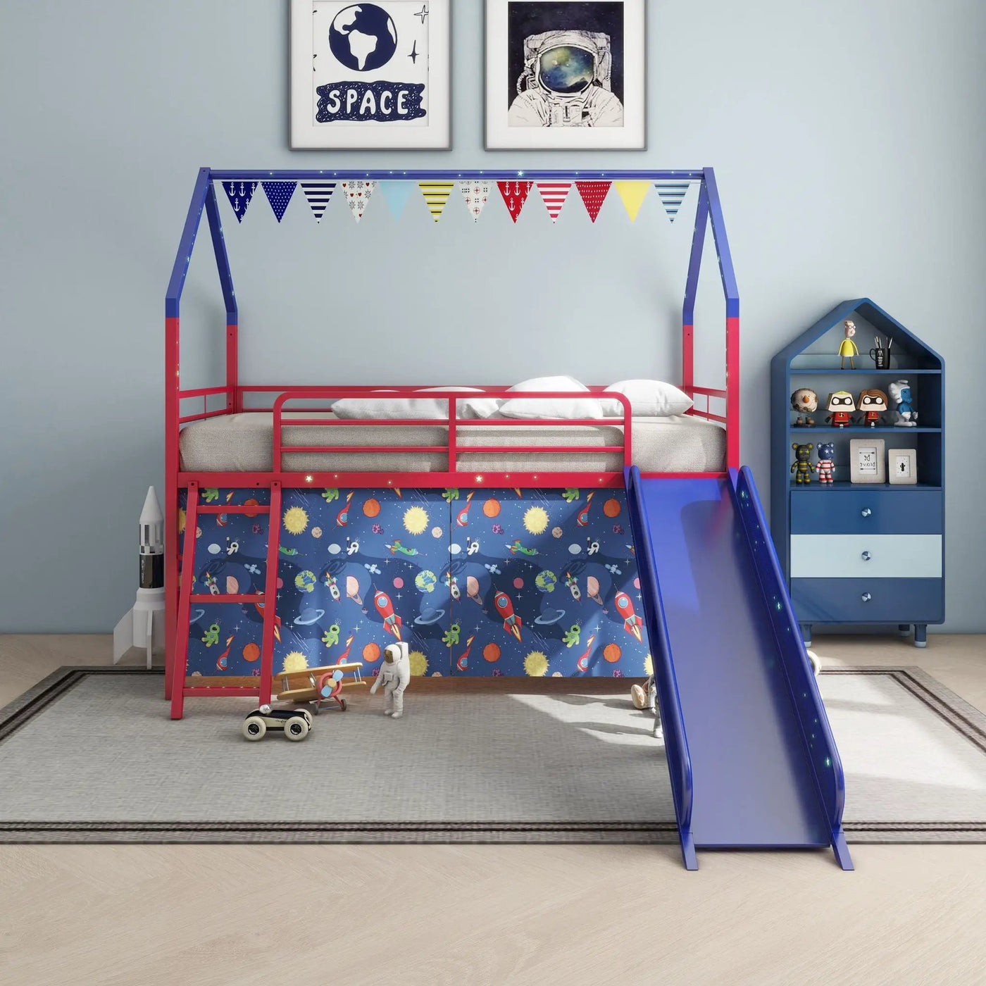 Jack - House Loft Bed With Slide And Curtain Set by HouseOfZazla