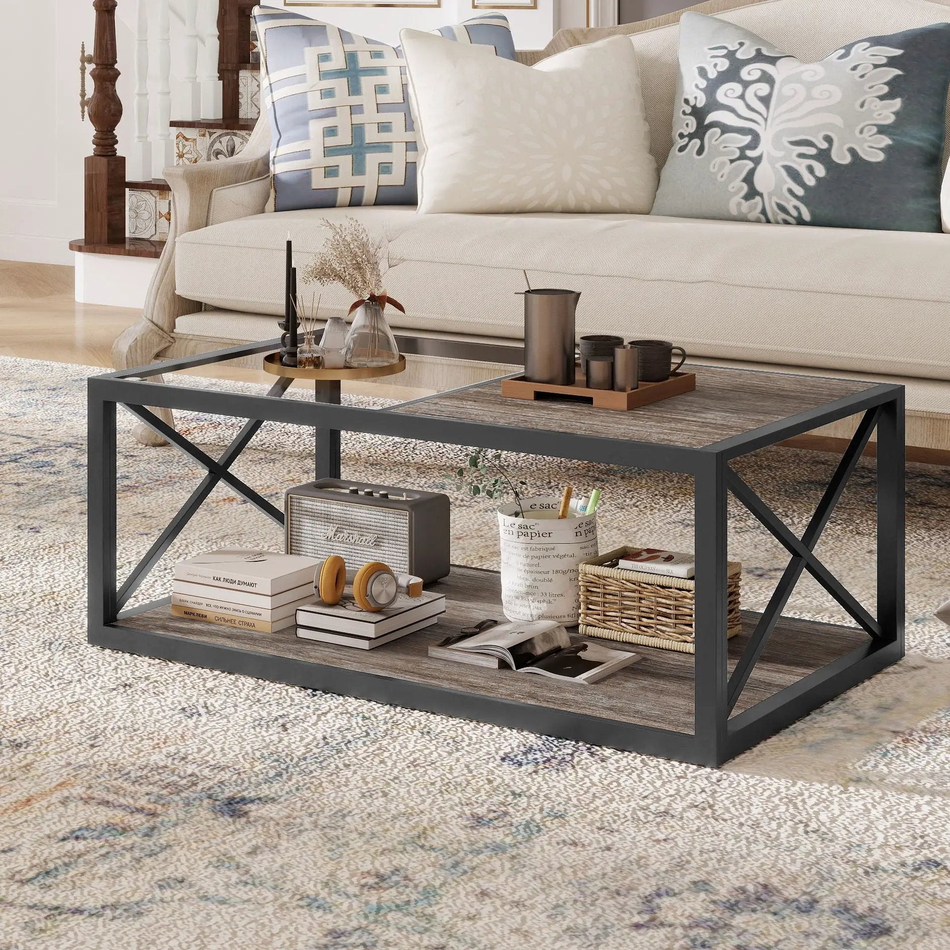 Industrial Style Coffee Table For Bedroom & Living Room With Tempered Glass & Wood Grain - Wood by Unique Piece Furniture