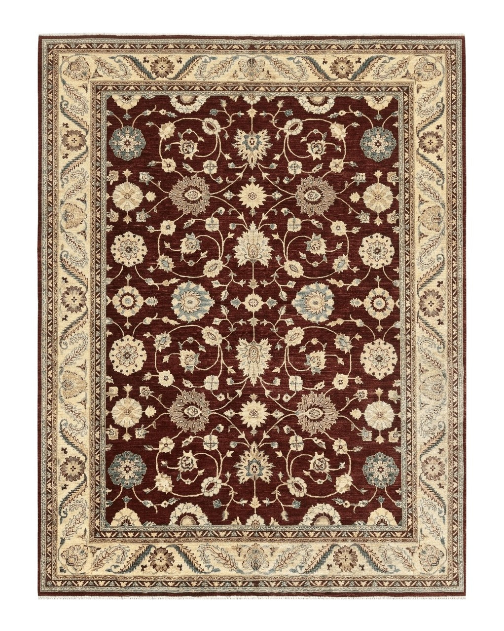 Peshawar Rug 9x11, Pakistani Oriental Carpet, Maroon and Beige, Floral Allover, Wool Hand Knotted Handmade Vintage Rug by Jewel Rugs