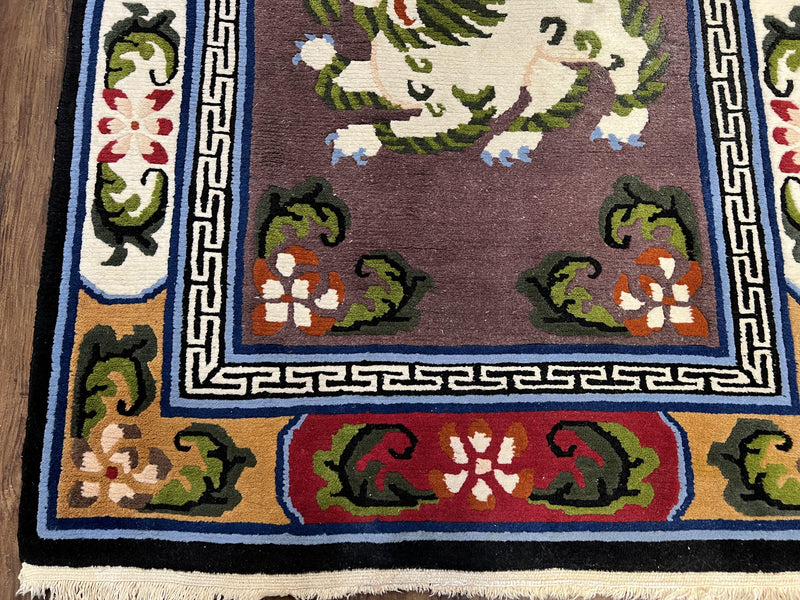 Chinese Art Deco Rug 3 x 5.5 with Animal Pictorials, Vintage Chinese Peking Wool Area Rug, Dark Puce Maroon Ivory, Hand Knotted Soft Carpet by Jewel Rugs