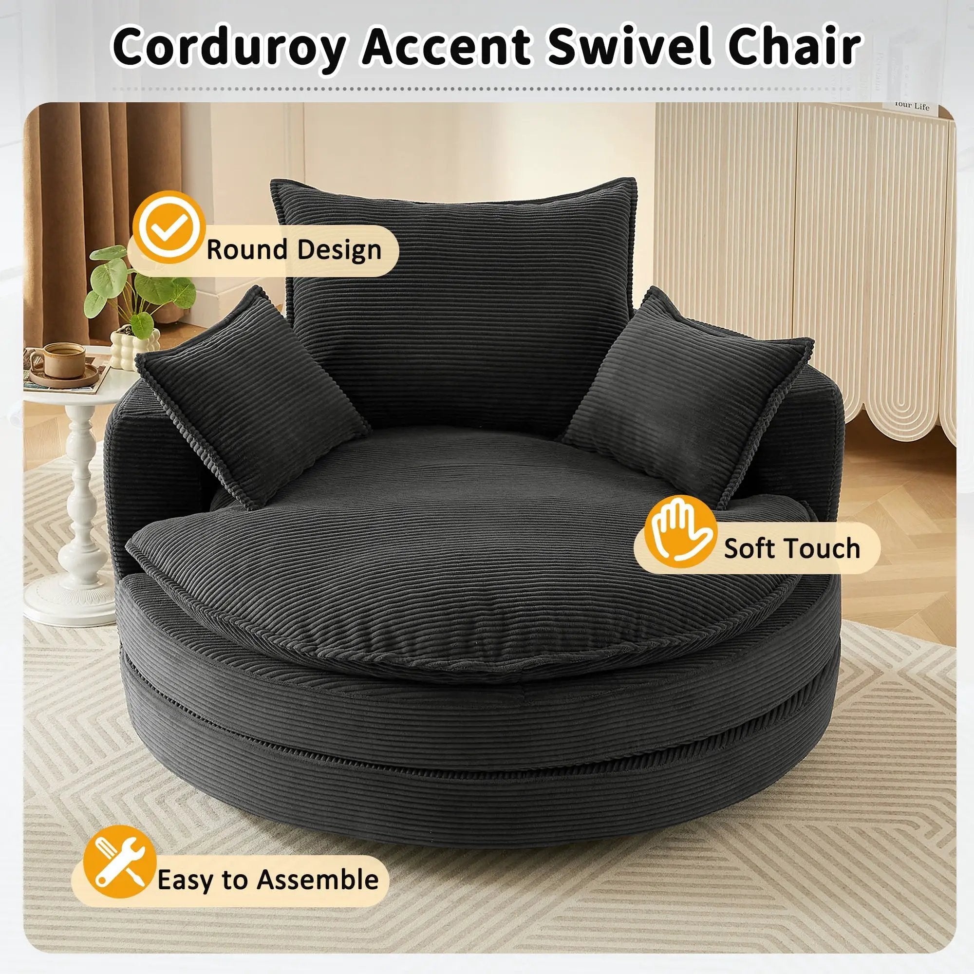 360° Swivel Accent Barrel Chair With Dual Layer Cushion And 3 Removable Pillows by Unique Piece Furniture