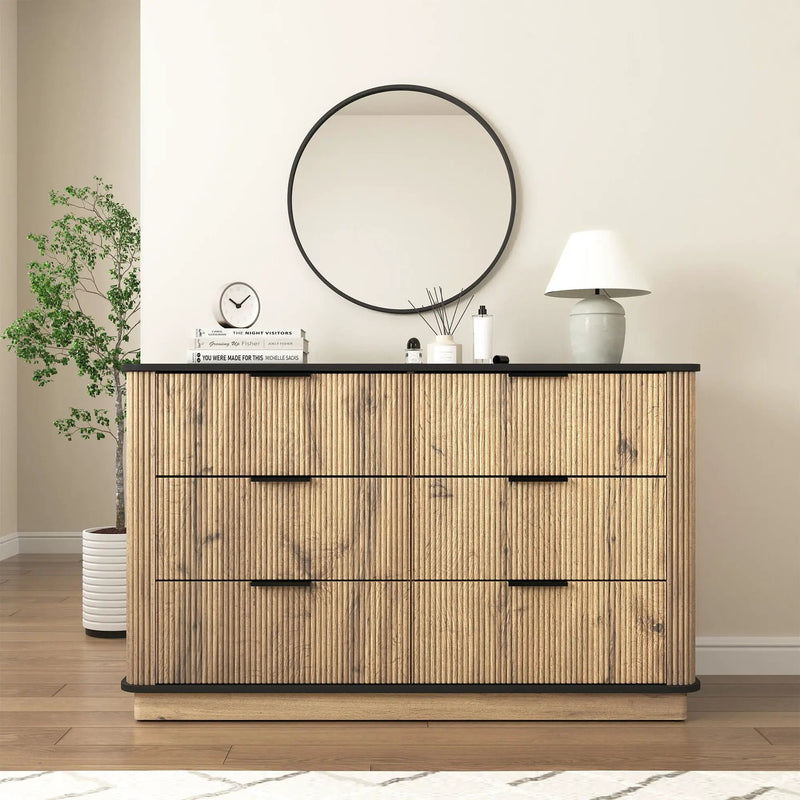 Modern 6 Drawer Cabinet With Metal Rounded Corners And Exquisite Handles Multi Functional Storage - Natural Wood by Unique Piece Furniture