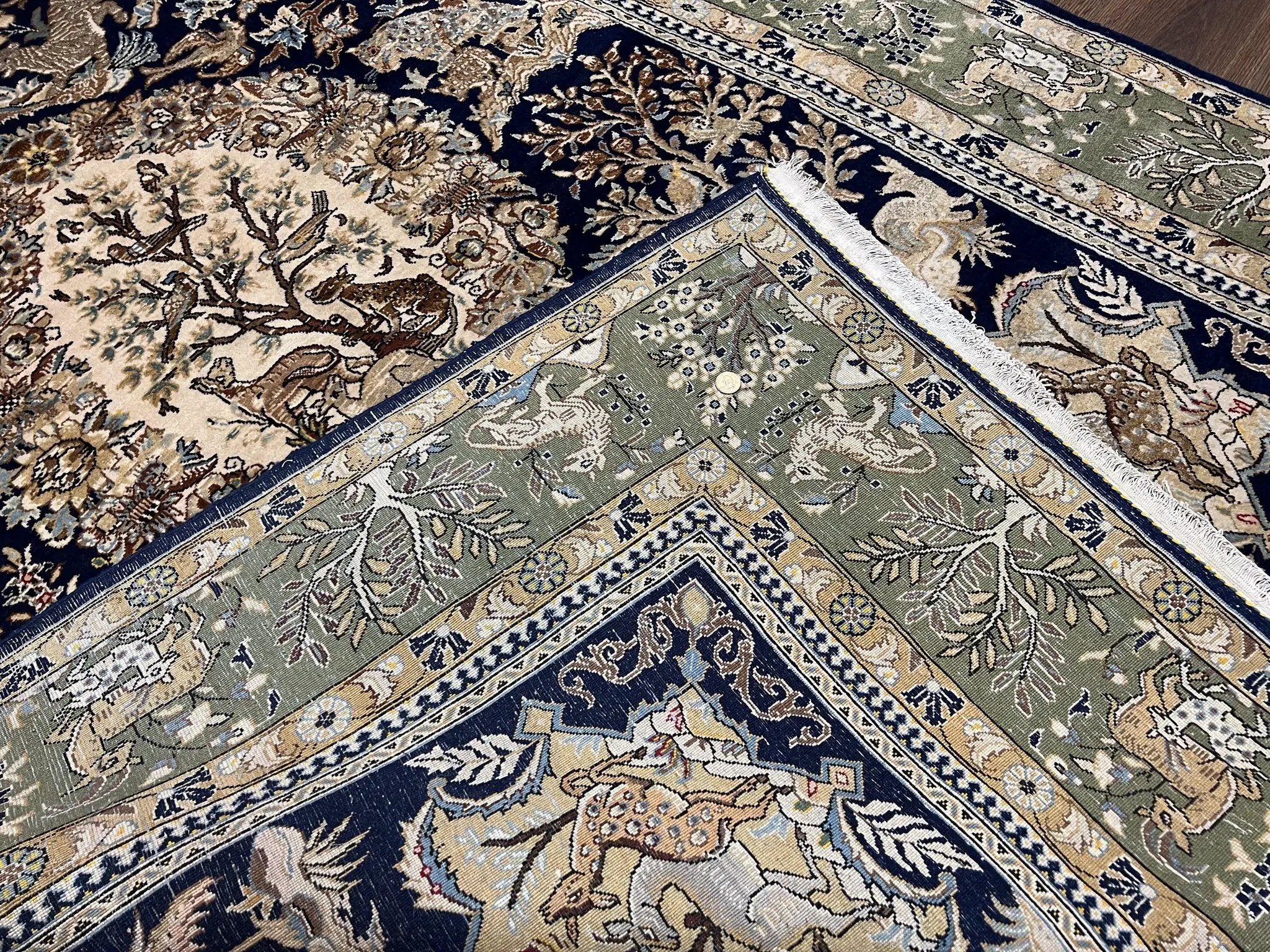 Wonderful Persian Qum Rug 6x9, Animal Pictorials, Tree of Life, Deer Birds, Hand Knotted Oriental Ghom Carpet, Semi Antique Vintage, Navy Blue Green by Jewel Rugs