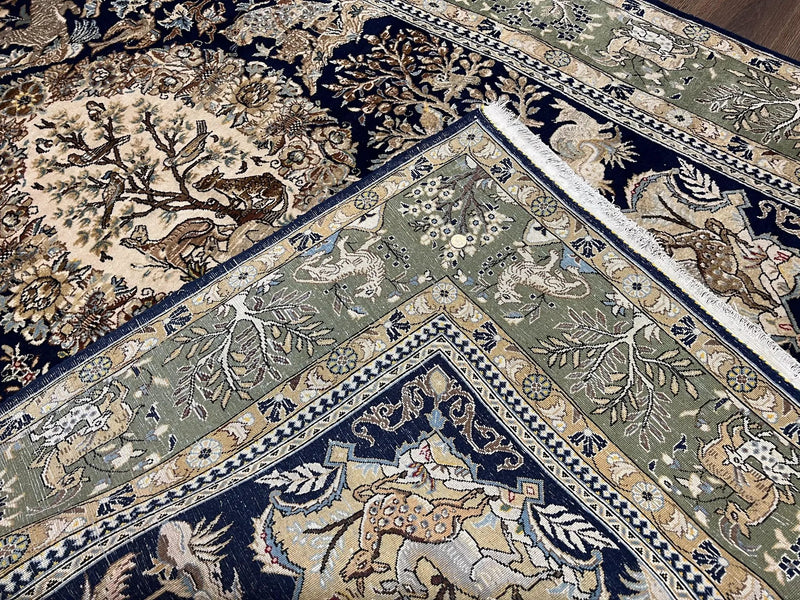 Wonderful Persian Qum Rug 6x9, Animal Pictorials, Tree of Life, Deer Birds, Hand Knotted Oriental Ghom Carpet, Semi Antique Vintage, Navy Blue Green by Jewel Rugs