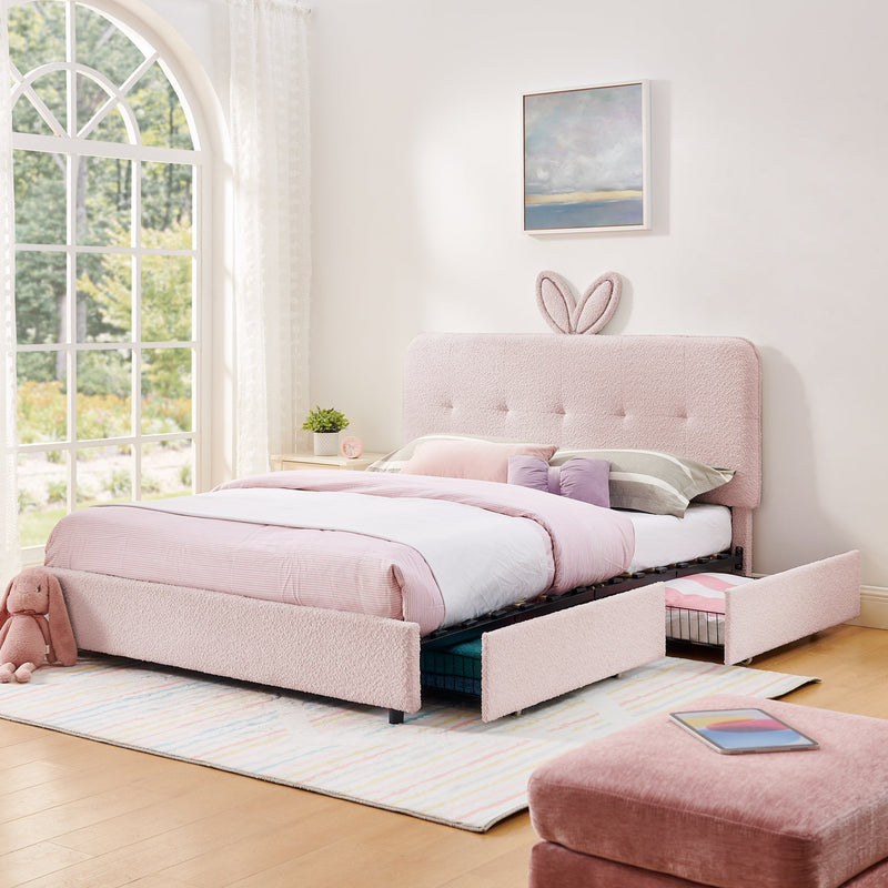 Queen Size Kids Upholstered Bed with Rabbit Ear Headboard & Storage by HouseOfZazla