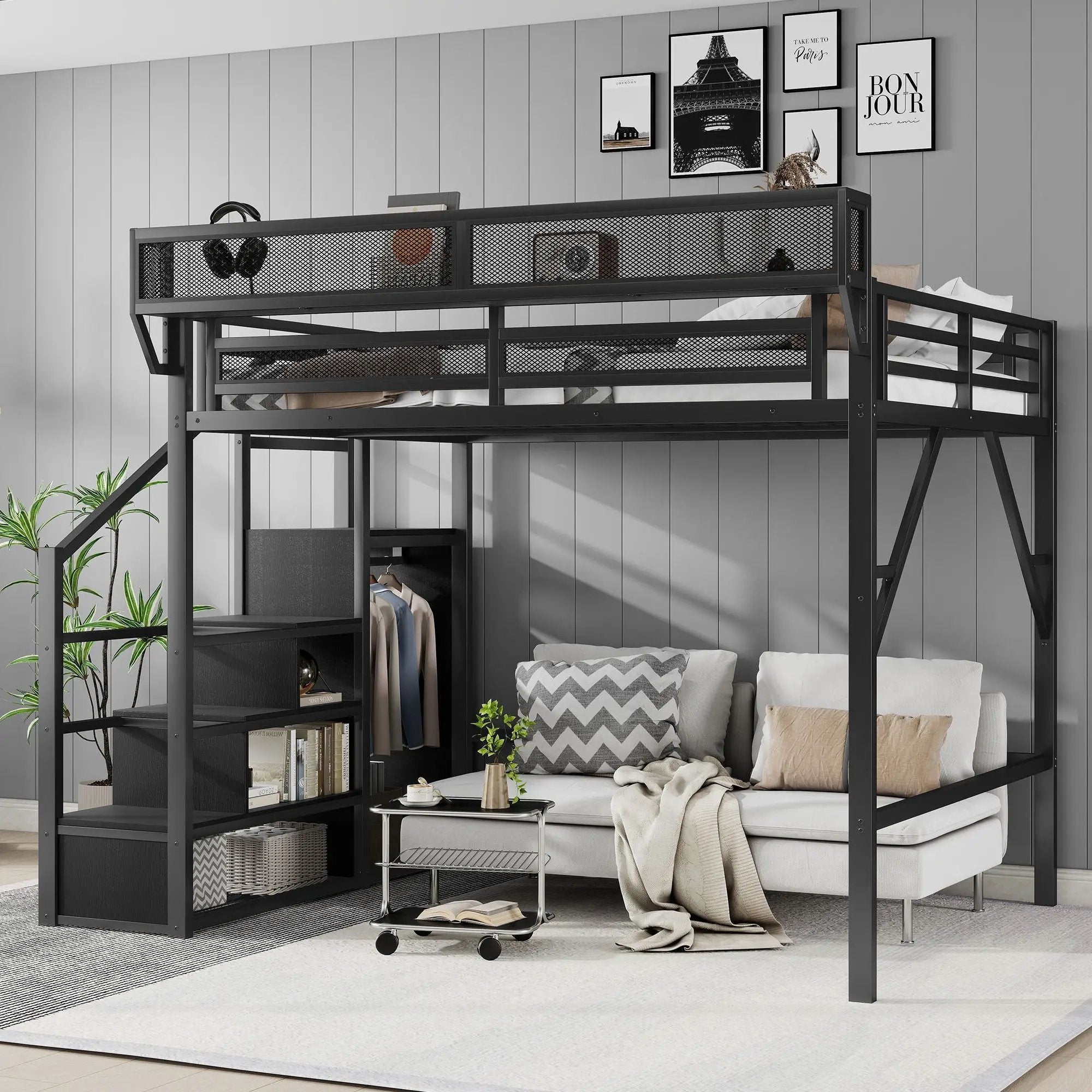 Queen Size Loft Bed With Stairs, Storage Shelves, Wardrobe - Black by Unique Piece Furniture