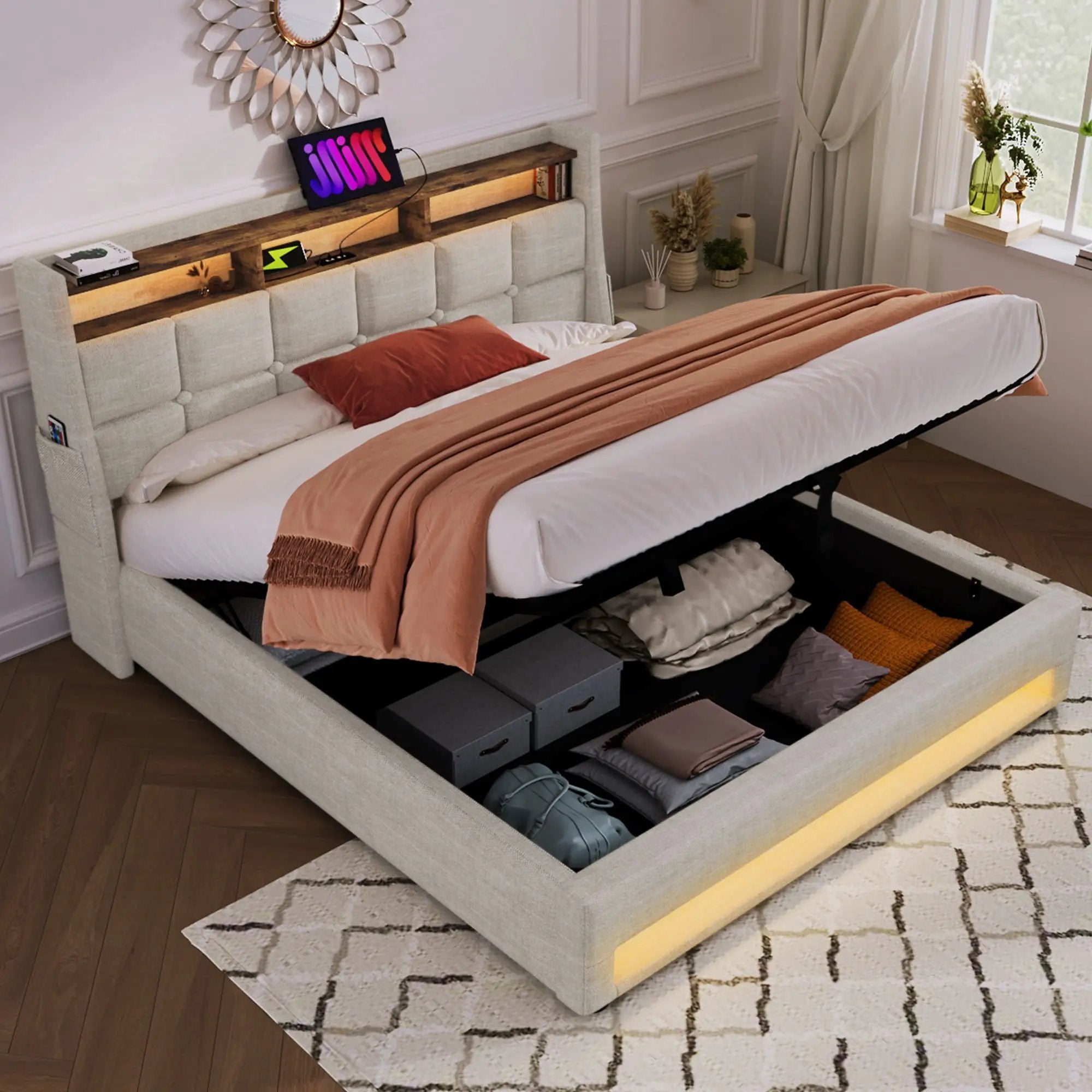 Upholstered Platform Bed With A Hydraulic Storage System, LED And USB Charging (Without Mattress) by HouseOfZazla
