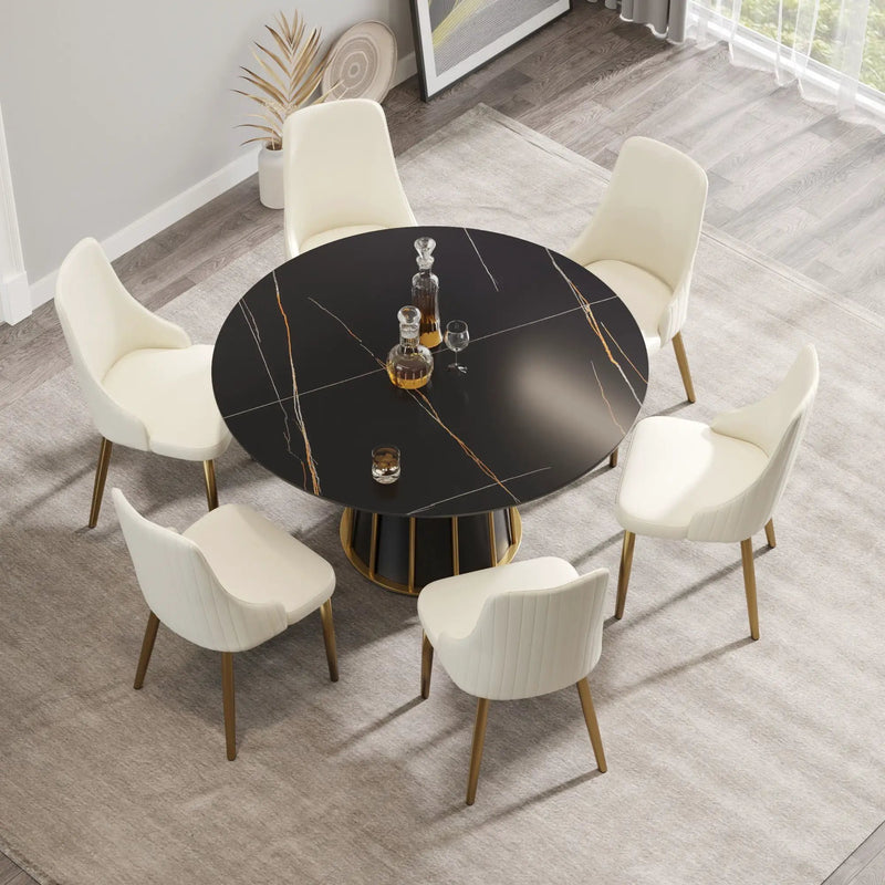 Modern Artificial Stone Round Metal Iron Base Dining Table, Can Accommodate 6 People (Not Including Chairs.) - Black by HouseOfZazla