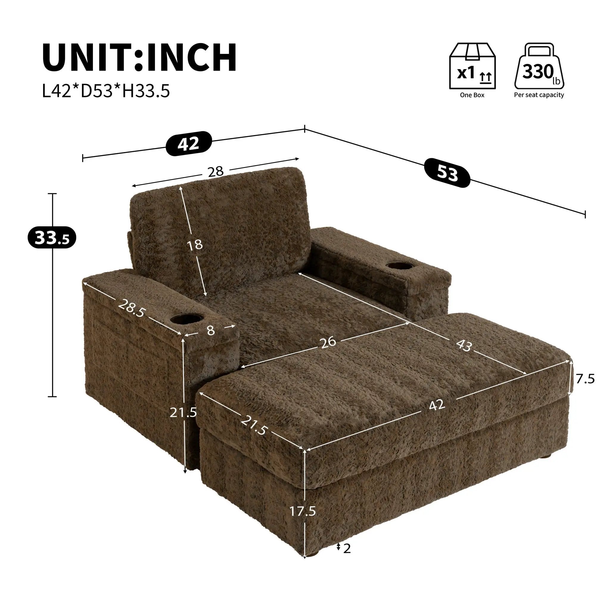 Oversized Chaise Lounge Indoor Rabbit Fur Sofa Bed With Storage Ottoman And Armrests Cup Holders With Deep Seat by HouseOfZazla
