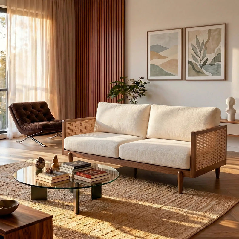 EMIR 72" Square Arm 3-Seater Boucle Sofa with Cane Rattan and Wooden Frame by HouseOfZazla
