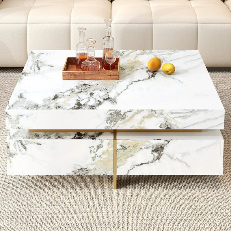 Modern Square Marble Textured Coffee Table with 4 Drawers by HouseOfZazla