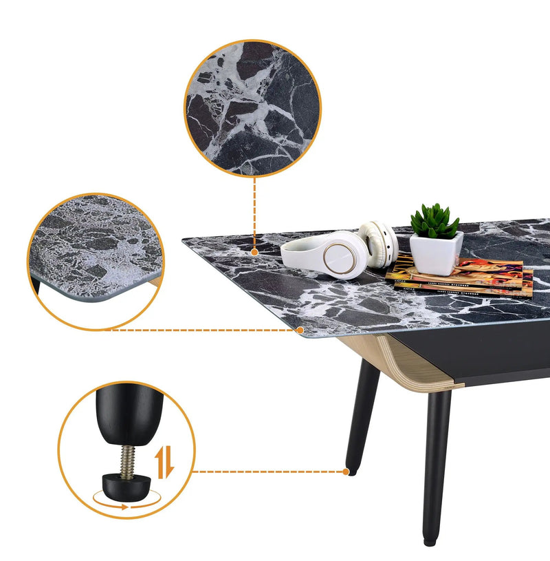 Landon - Coffee Table With Glass Marble Texture Top And Bent Wood Design by Unique Piece Furniture