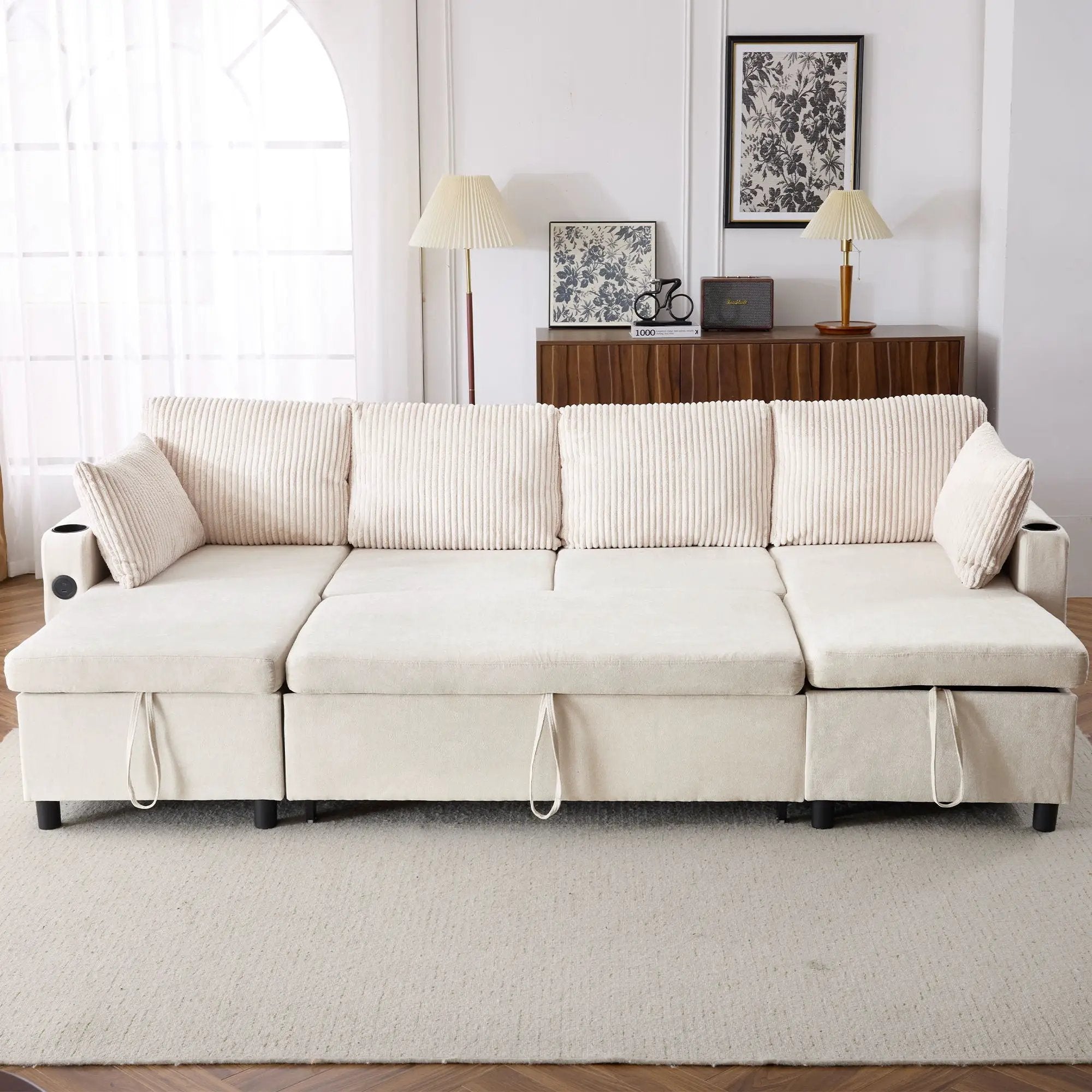 Sectional Sofa Bed With Pull Out Sleeper, USB Ports, Cup Holders by HouseOfZazla