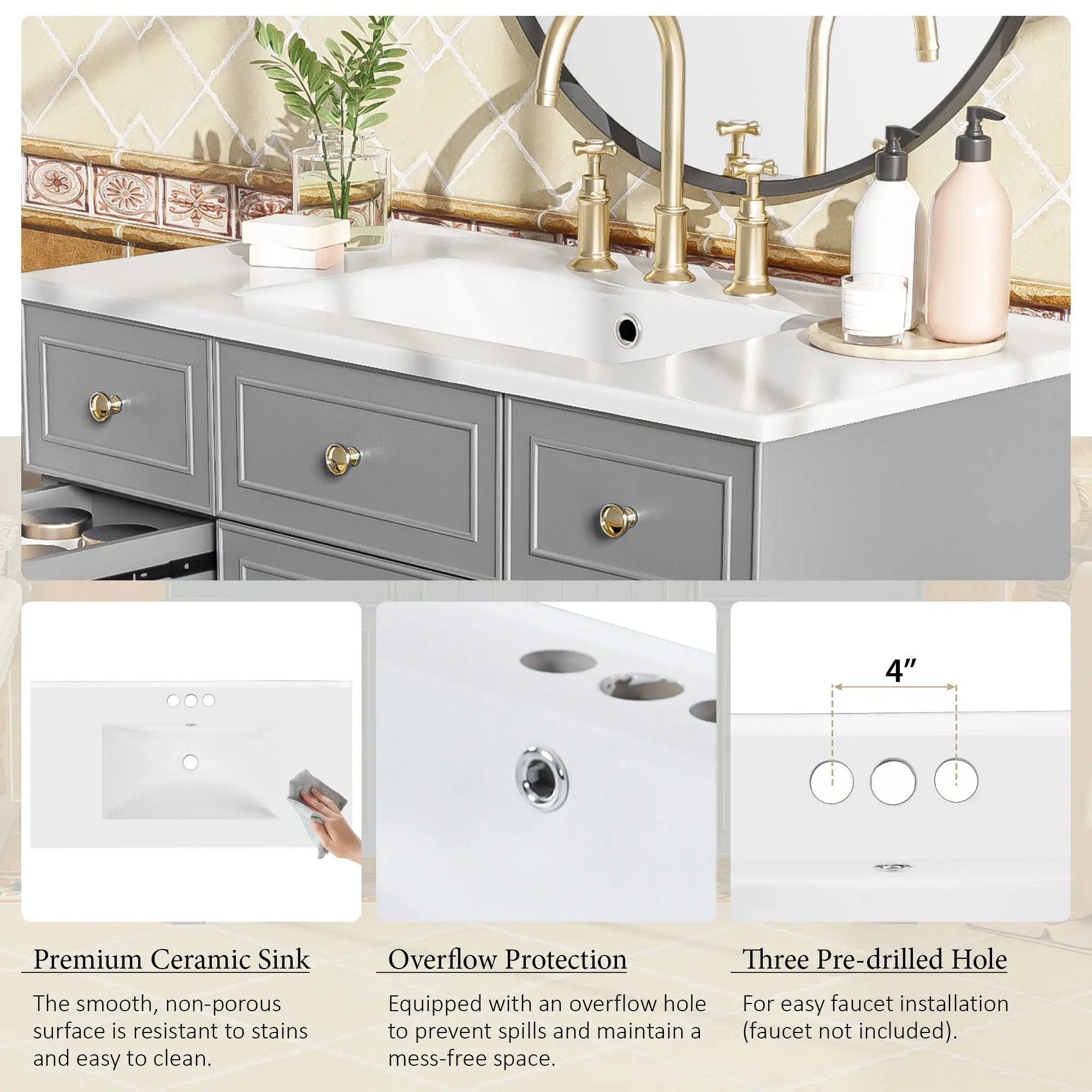 Bathroom Vanity With Ceramic Sink, Soft Close Doors, Adjustable Shelves
