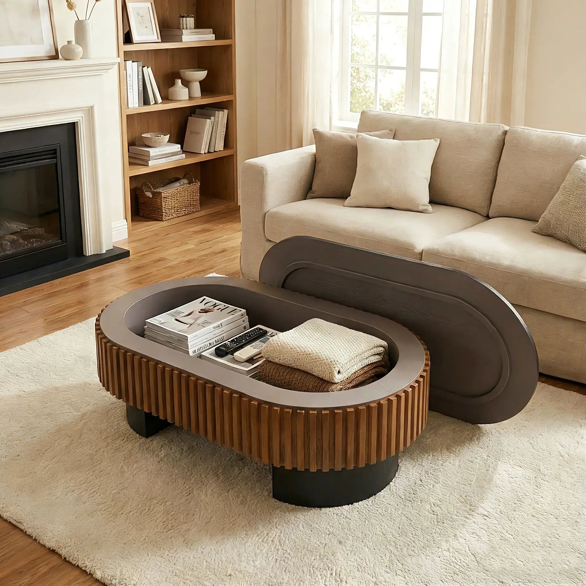 Elliptical Living Room Coffee Table With Hidden Storage And Removable Tabletop by HouseOfZazla