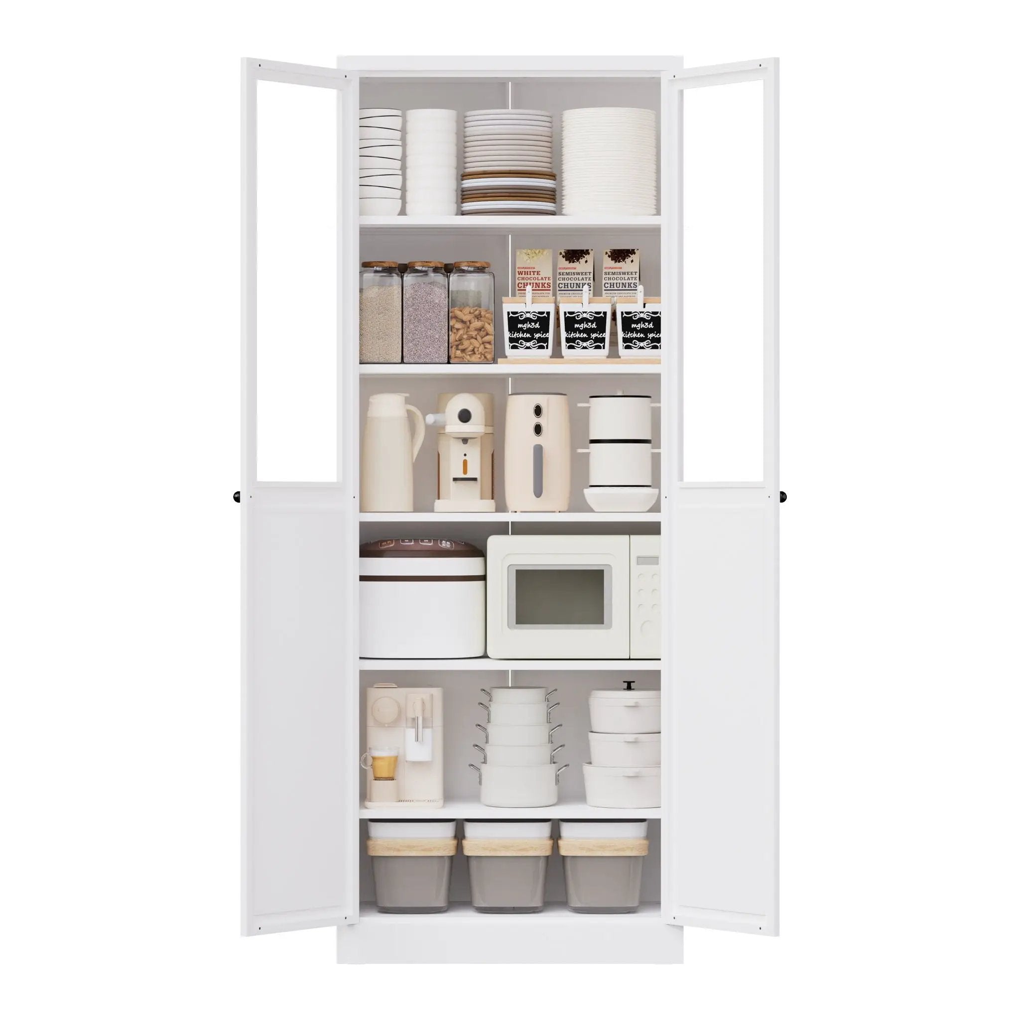 Tall Metal Kitchen Pantry Cabinet With Adjustable Shelves And Silent Magnetic Doors - White by HouseOfZazla