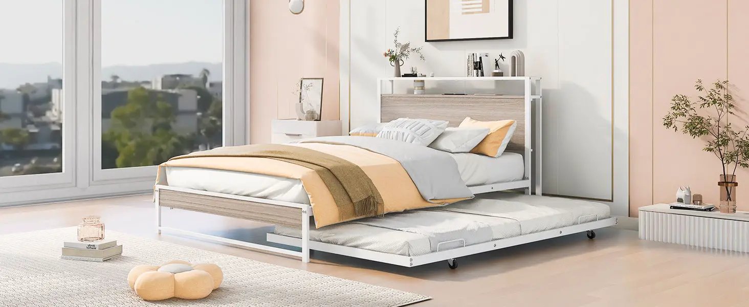 Platform Bed Frame With Trundle, USB Ports And Slat Support, No Box Spring Needed by HouseOfZazla